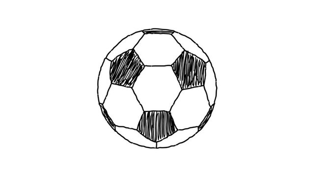 Animation with soccer balls, in black pencil stroke on white background, cartoon, art.