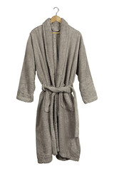 grey bathrobe with hanger isolated - obrazy, fototapety, plakaty