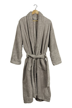 grey bathrobe with hanger isolated
