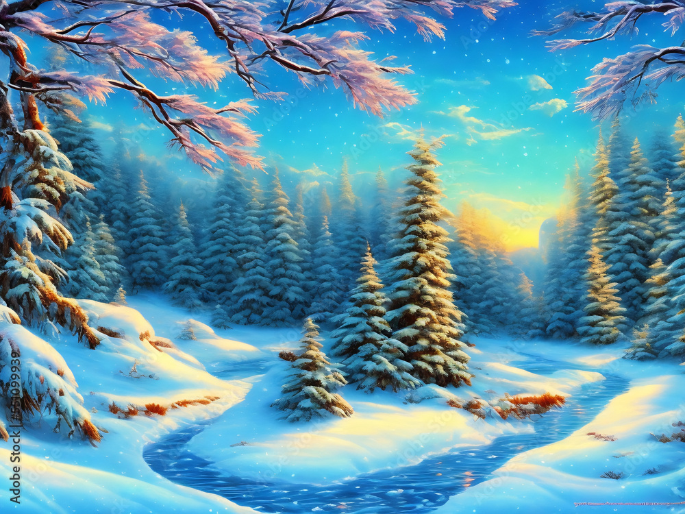 Wall mural winter landscape, dusk