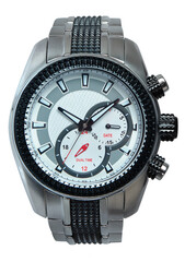 silver wrist watch with stainless steel watch strap on white background