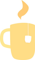 Yellow cup and label from tea bag that hanging from the cup. Cloud of steam from hot drink raising above the cup. Transparent background. Flat vector illustration.