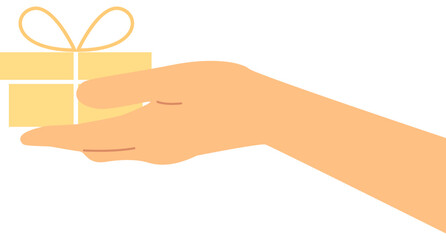 An outstretched hand holding yellow box with a bow vector illustration. Transparent background. 