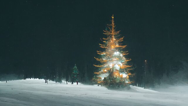 bright christmas tree in the middle of snowy forest during starry christmas eve night. Snowy winter forest with illuminated tree. Blue and gold painting