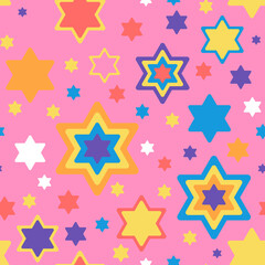 Obraz premium Star of David seamless pattern in bright colours on pink background. Vector illustration for Hanukkah holiday, wrapping paper, textile, fabric and packaging decoration