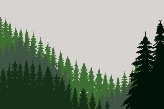 silhouette green forest, background nature design vector isolated