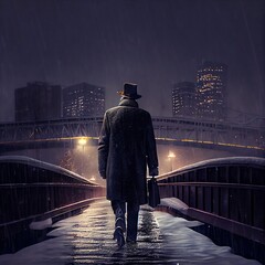 A guy in suit walking through snowfall digital art