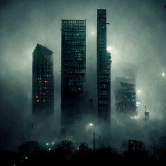 Tall buildings of futuristic city covered in fog