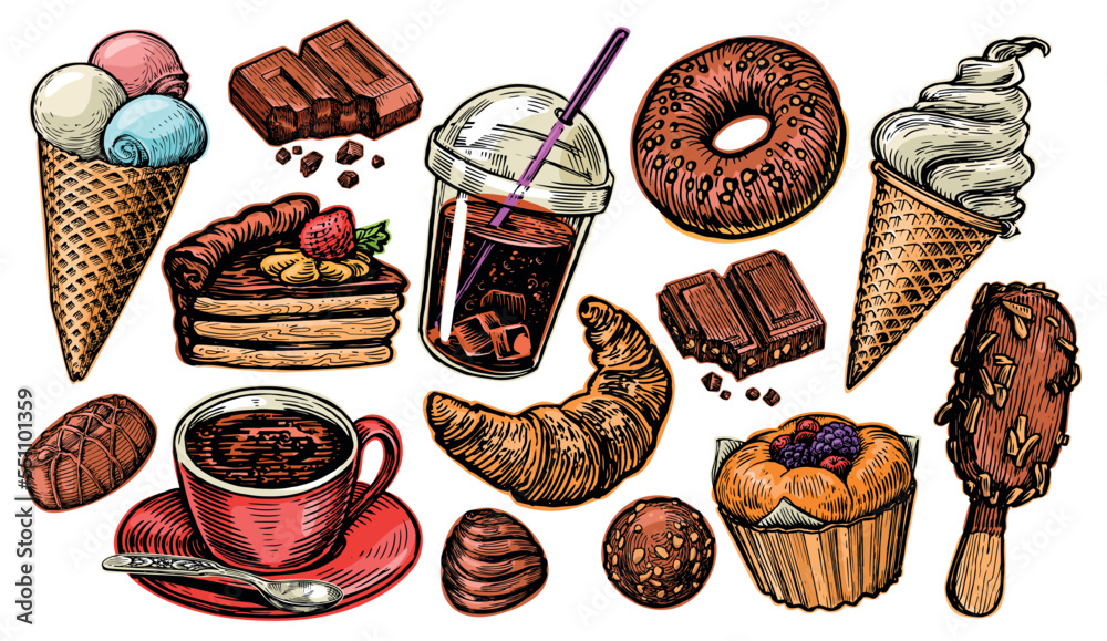 Wall mural Sweet Dessert set. Food and Drink collection for restaurant or cafe menu. Color vector illustration