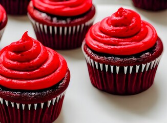 Closeup of red velvet cupcakes with red frosting on a white background