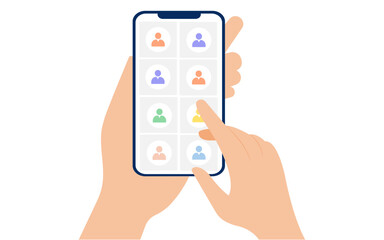 Hand hold phone with people on screen. Online video conference on mobile phone. distance learning, conference, meeting. vector illustration.