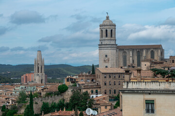 top view of the old town of Girona.  Catalonia.  Historical architecture.
