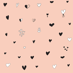 Black and white hearts are small and cute on a pale pink background. Hearts seamless pattern. Ready template for design, postcard, print, poster, party. Vector