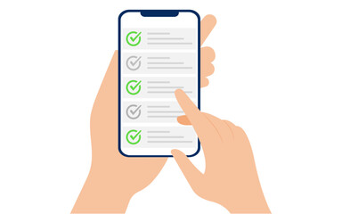 Taking online exam via phone with all correct answers. concept of online exam, online survey. vector illustration.