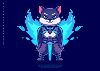 cat knight character illustration, icon vector, flat cartoon style.