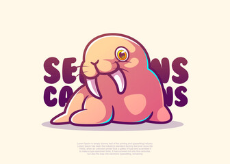 cute walrus character illustration, icon vector, flat cartoon style.