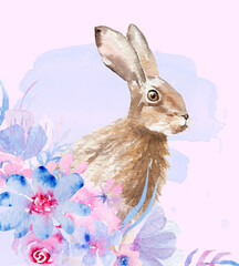 watercolor drawing of an animal - rabbit in flowers