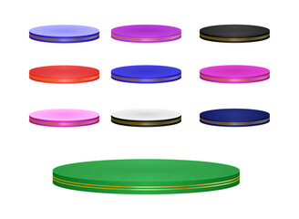 
Set of colorful podiums for products. Set of blue, red, black, purple, pink, white and green podiums for cosmetic products, electronic products and everything. poduim illustration.