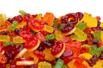 Assorted colorful gummy candies. Top view. Jelly donuts. Jelly bears. Isolated on a white background.