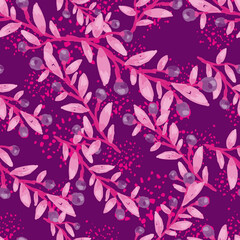 Seamless pattern with berry branches. Hand drawn wild berries floral wallpaper.