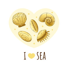 Bright luxury golden shells with phrase i love sea isolated sticker on white background.