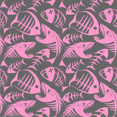 bright seamless pattern of pink graphic fish skeletons on a gray background, texture, design