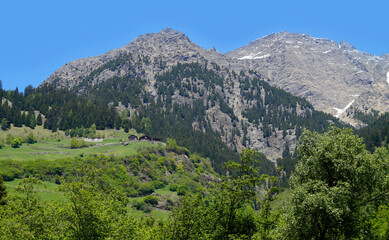 Fototapeta na wymiar a hiking trail overlooking the breathtaking Italian Alps in Parcines (or Partschins) in Rabla (or Rabland), Tel region of South Tyrol (Merano, Italy, South Tyrol)