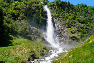 breathtaking Parcines waterfall in the lush green Italian Alps in Parcines (or Partschins) in the Rabla (or Rabland) region (Merano, Rabla or Rabland, South Tyrol, Italy)	 - obrazy, fototapety, plakaty