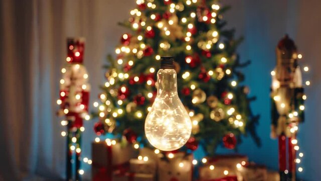 Swinging Lamp Against The Christmas Tree lights