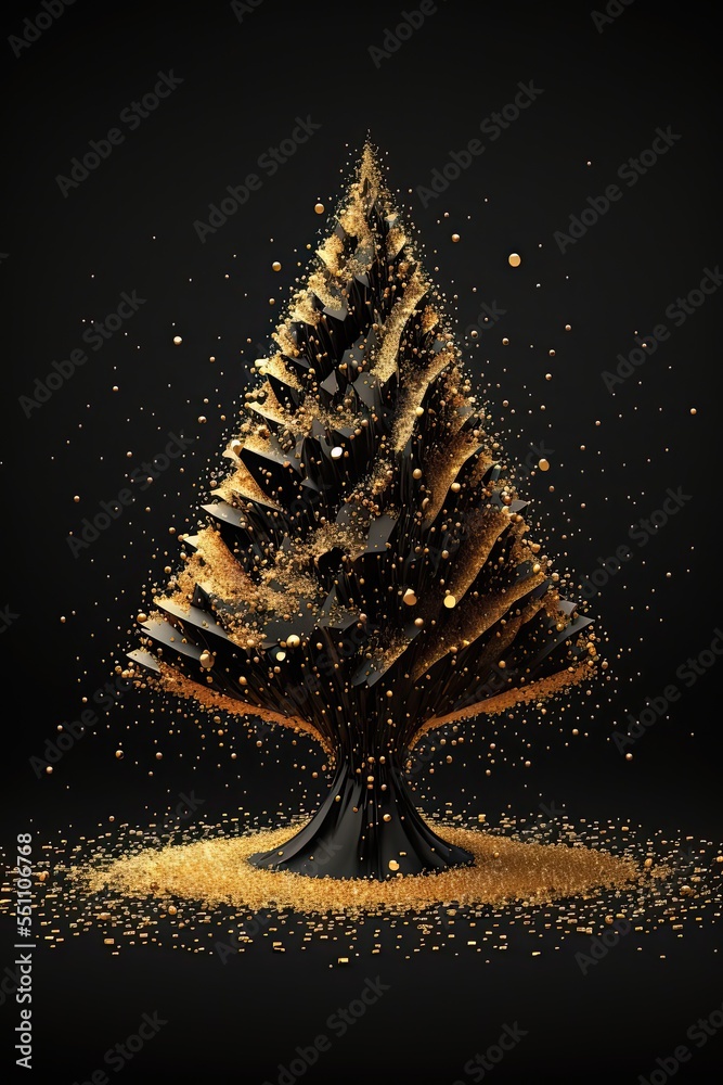 Poster Christmas tree made of gold and black sequins on dark background  