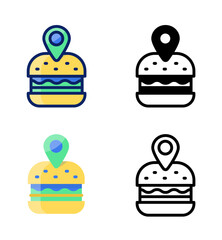 Burger, Restaurant, pointer and location icons. vector