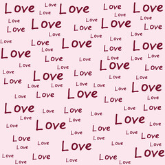 Seamless pattern with the inscription love on a pink background. Viva magenta word love is handwritten. Wrapping paper saint valentines day. Marketing material, website banner, social media concept.