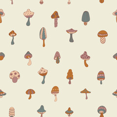 Natural color mushrooms cute seamless pattern. Abstract mushrooms of different shapes light background. Vector