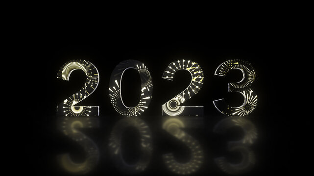 Happy new year 2023 festive background concept. Golden fireworks on text 2023. Happy new year party background. 
