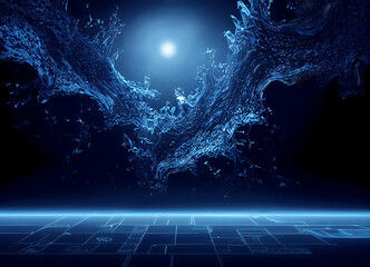 Cyberspace blue wallpaper. Digital wallpaper with a horizontal surface and exploded integrated circuit structure..