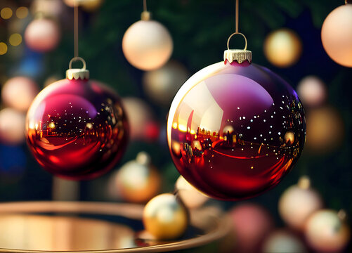 Cristmas hollidays decoration with two red glossy christmas balls. Photorealistic digital illustration.