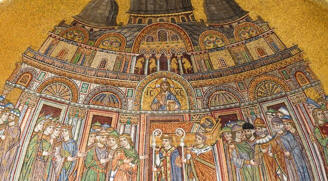 Beautiful Venetian historical landmark facade.  St Mark Basilica Catholic fresco, facade detail, building exterior, architecture art decoration.