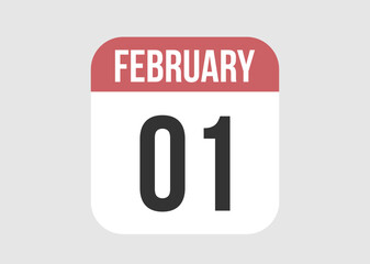 1 february icon isolated on background. February vector for day of week and month in red.