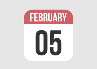 5 february icon isolated on background. February vector for day of week and month in red.