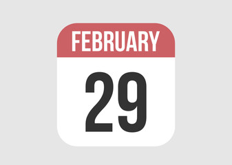 29 february icon isolated on background. February vector for day of week and month in red.