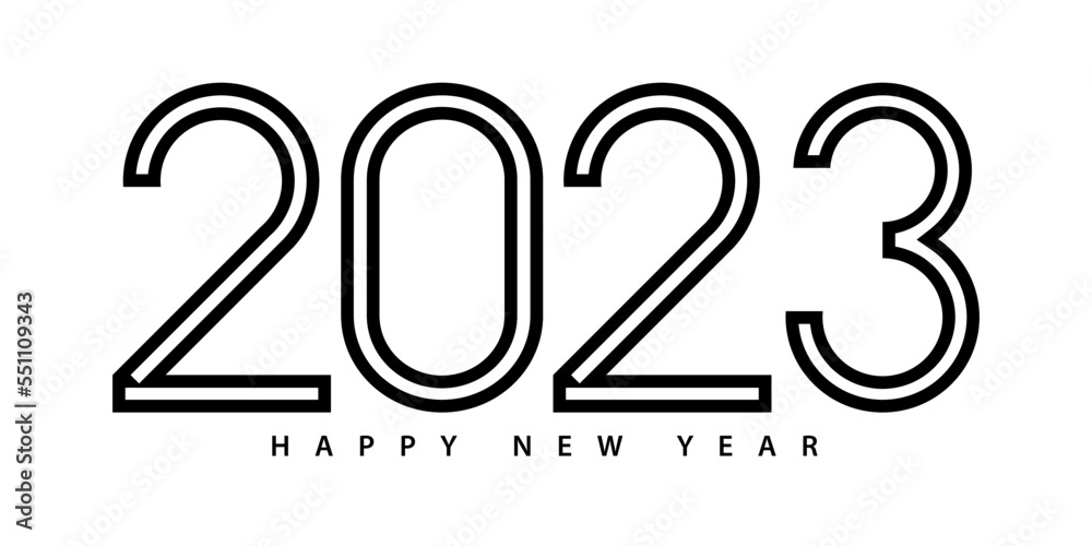 Aufkleber 2023 Happy New Year template. 2023 modern geometric text vector design isolated on white background.