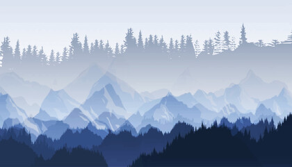 Seamless pattern of colored mountains with trees. Vector illustration with cloud fog