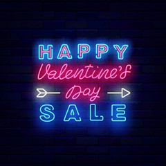Happy Valentines Day Sale neon emblem. Luminous label with cupid arrow. Banner on brick wall. Vector stock illustration