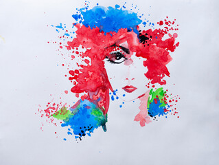 Beautiful bright fashion portrait of young woman, hand painted with brush and paint , white background.