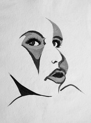 Abstract portrait of a beautiful woman , hand painted acrylic illustration. Black and white.