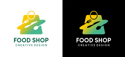 Fototapeta premium Food logo design, vector illustration of food shopping with shopping bag and cutlery mix