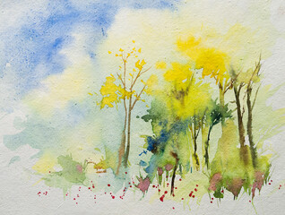 Nice abstract watercolor painting of trees at field. Hand painted watercolor illustration.