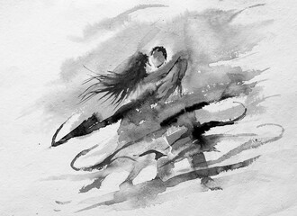 Beautiful abstract watercolor painting of romantic couple dancing. Handmade watercolor illustration. Black and white.
