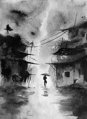 Fototapeta premium Cyclist passing through water loggged street with an umbrella in hand, beautiful monsoon handmade watercolor painting.