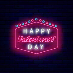Happy Valentine Day neon label. Retro frame with circles. Shiny advertising. Holiday party. Vector stock illustration